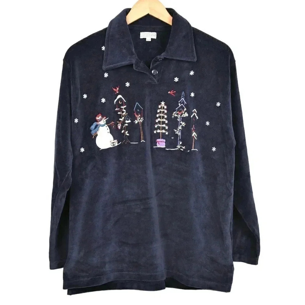 NWOT Vintage Cottage Cove Velvet Blue Ugly Christmas Sweater  Embroidered Medium